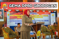 Ketua DPRD Grobogan Lusia Indah Artani saat memberikan sambutan dalam Rapat Koordinasi Cipta Kondisi Stabilitas Sosial Politik Kabupaten Grobogan yang digelar di Pendapa Grobogan, Senin (15/9/2025). (dok/mediasapujagad.com)