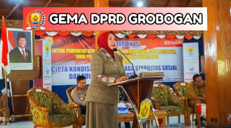 Ketua DPRD Grobogan Lusia Indah Artani saat memberikan sambutan dalam Rapat Koordinasi Cipta Kondisi Stabilitas Sosial Politik Kabupaten Grobogan yang digelar di Pendapa Grobogan, Senin (15/9/2025). (dok/mediasapujagad.com)