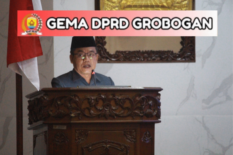 Ketua Bapemperda DPRD Grobogan Musapak membacakan laporan Bapemperda tentang fasilitasi Bantuan Penyelenggaraan Pendidikan Madrasah Diniyyah. (mediasapujagad.com/dok)